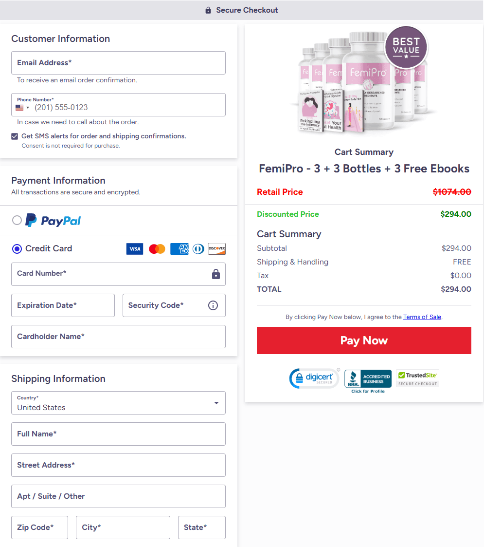 FemiPro Checkout page